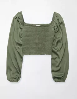 AE Smocked Satin Long-Sleeve Shirt -Soft Leaf 0358 5319 309 f