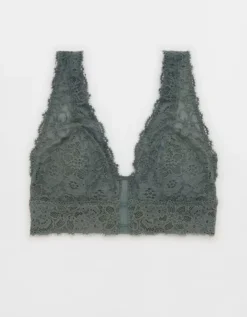 Aerie Show Off Eyelash Lace Padded Plunge Bralette -Soft Leaf 1697 3546 357 f