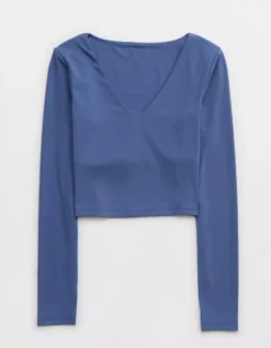 OFFLINE By Aerie Real Me Long Sleeve V-Neck T-Shirt -Soft Leaf 2162 1488 417 f