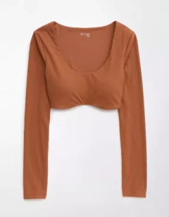 OFFLINE By Aerie Real Me Super Cropped Long Sleeve Bra Top -Soft Leaf 2162 1549 205 f