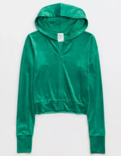 OFFLINE By Aerie Bright Lights Velour Cropped Full Zip Hoodie 5 OFFLINE By Aerie Bright Lights Velour Cropped Full Zip Hoodie -Soft Leaf 2164 1406 858 f