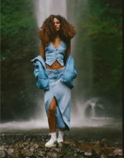 AE Dreamy Drape Low-Rise Denim Maxi Skirt